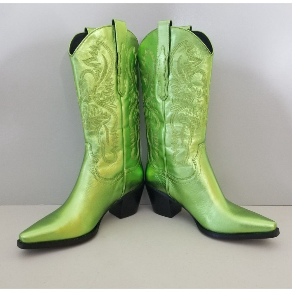 Free People Dagget Western Boots Green Metallic Leather Womens Size 10 - Picture 4 of 6